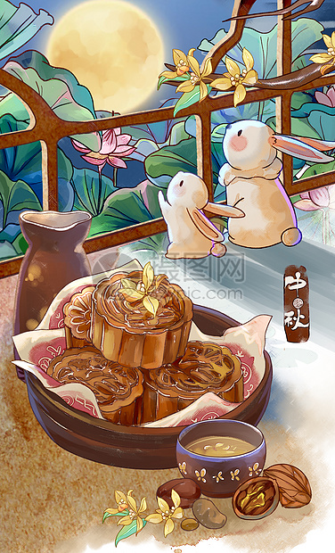 中秋月饼水彩插画图片