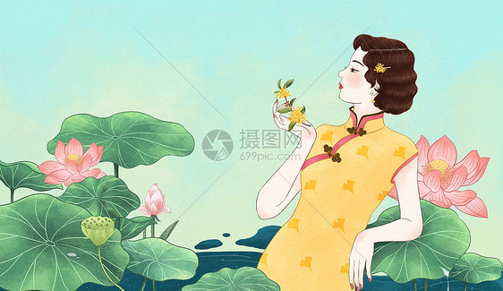 民国风美女初秋节气插画图片