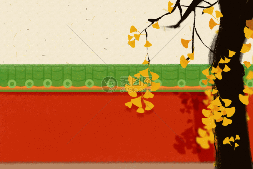 秋天红墙落叶GIF图片