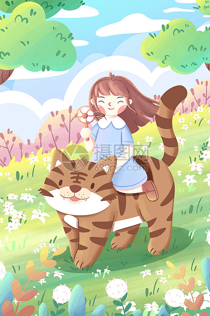 夏日女孩与秋老虎森林插画图片