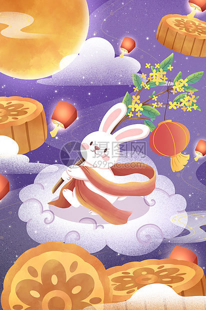 中秋节玉兔与月饼插画图片