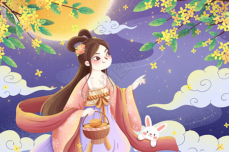 八月十五中秋节手绘嫦娥插画背景图片