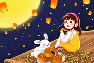 中秋节小女孩赏月吃月饼图片