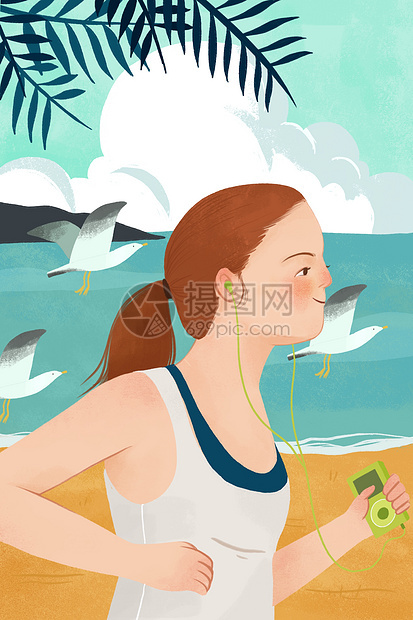 女孩听着歌沿着沙滩晨跑图片