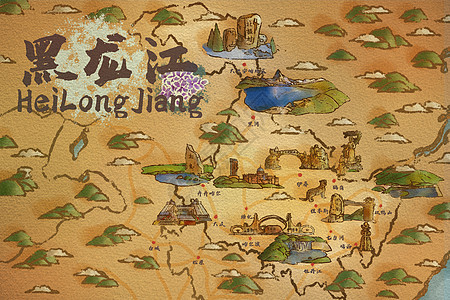黑龙江省旅游插画地图背景图片