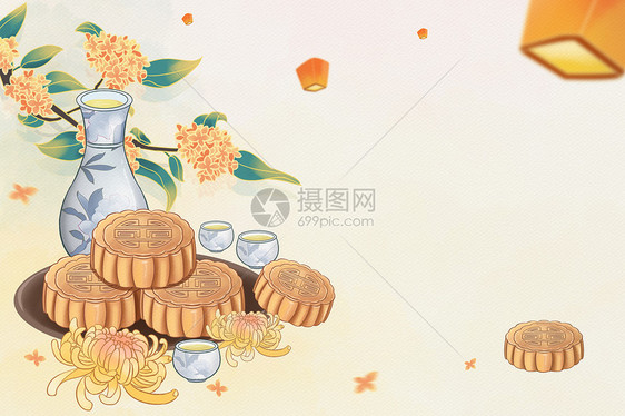 国潮中秋节古风手绘水彩工笔画茶壶菊花桂花图片