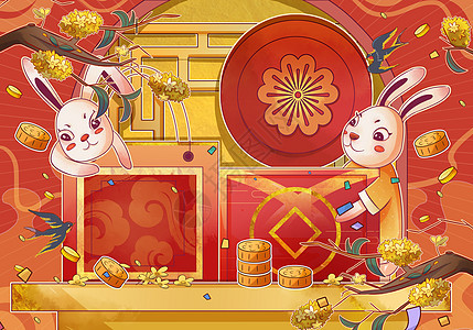 中秋节月饼礼盒送礼萌兔和桂花插画背景图片
