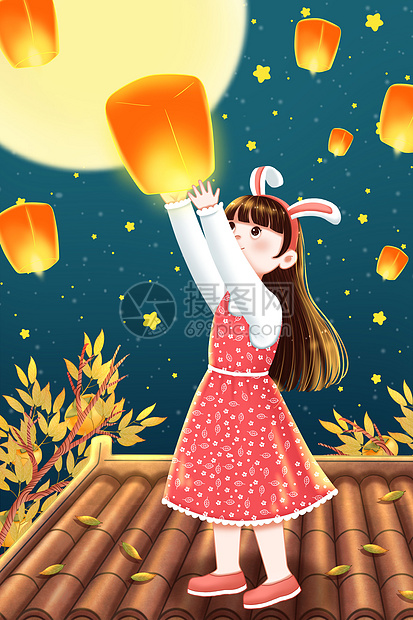中秋节屋顶上放孔明灯的小女孩图片