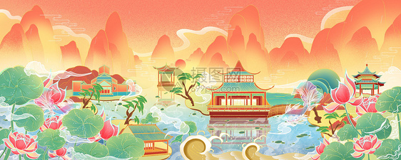 中国风国潮苏州城市园林插画图片
