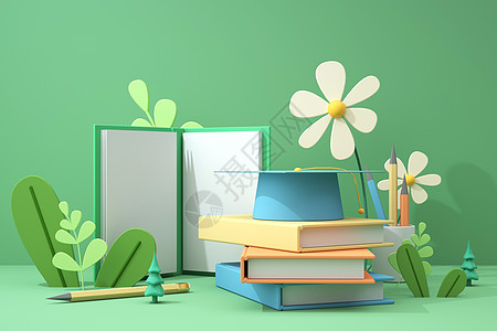 插画读书3D教育场景设计图片