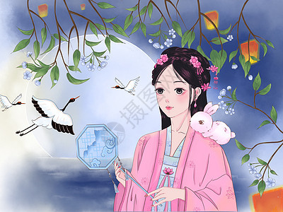 古风少女国朝中秋节玉兔仙鹤插画图片