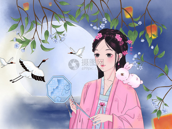 古风少女国朝中秋节玉兔仙鹤插画图片