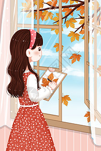 在窗边画枫叶的女孩图片