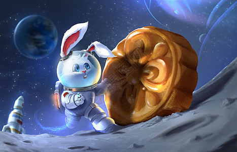 中秋节宇航员兔子与月饼图片