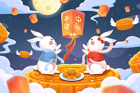 八月十五中秋节放孔明灯兔子吃月饼赏月插画高清图片