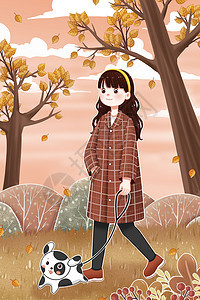 秋天遛狗散步的女孩图片
