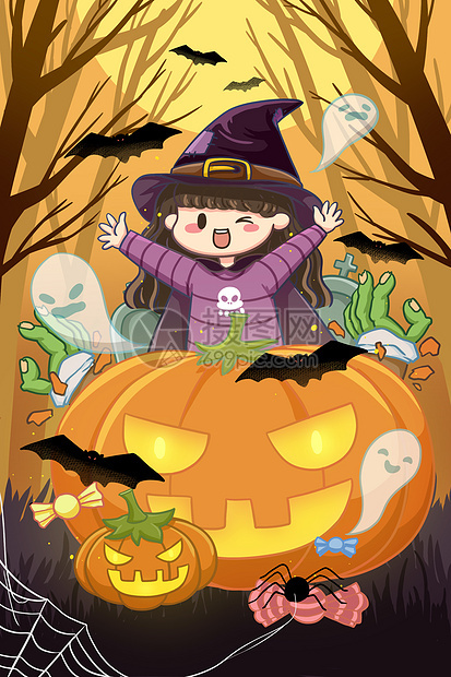 可爱小女巫与幽灵万圣节主题儿童插画图片