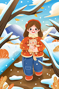 立冬飘雪抱猫咪的女孩背景图片