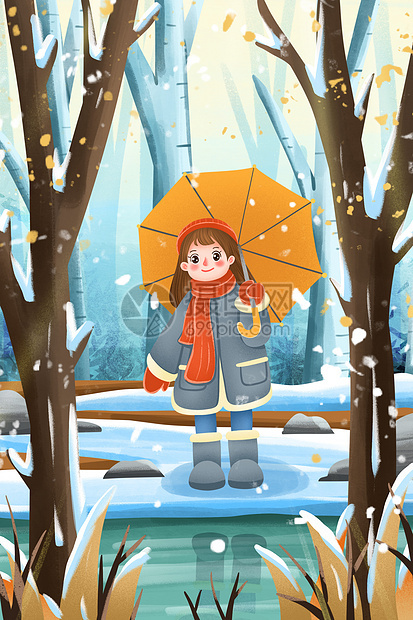 冬天撑伞看风景的女孩图片