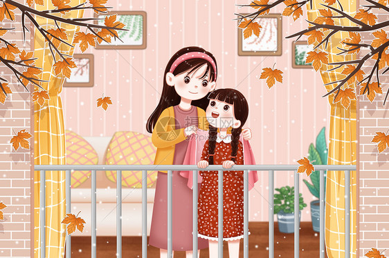 秋天天冷添衣赏枫叶的母女图片