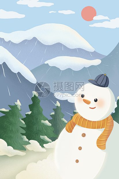 晴朗冬天山下的小雪人图片