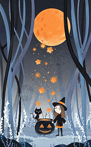 万圣节南瓜女巫猫猫捣蛋月亮森林海报图片
