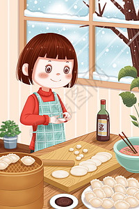 在家包饺子的女孩图片