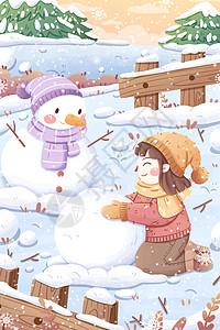 小雪节气女孩堆雪人插画背景图片