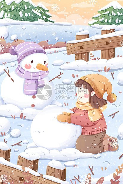 小雪节气女孩堆雪人插画图片