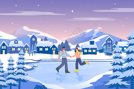 冬季情侣滑冰扁平矢量插画图片