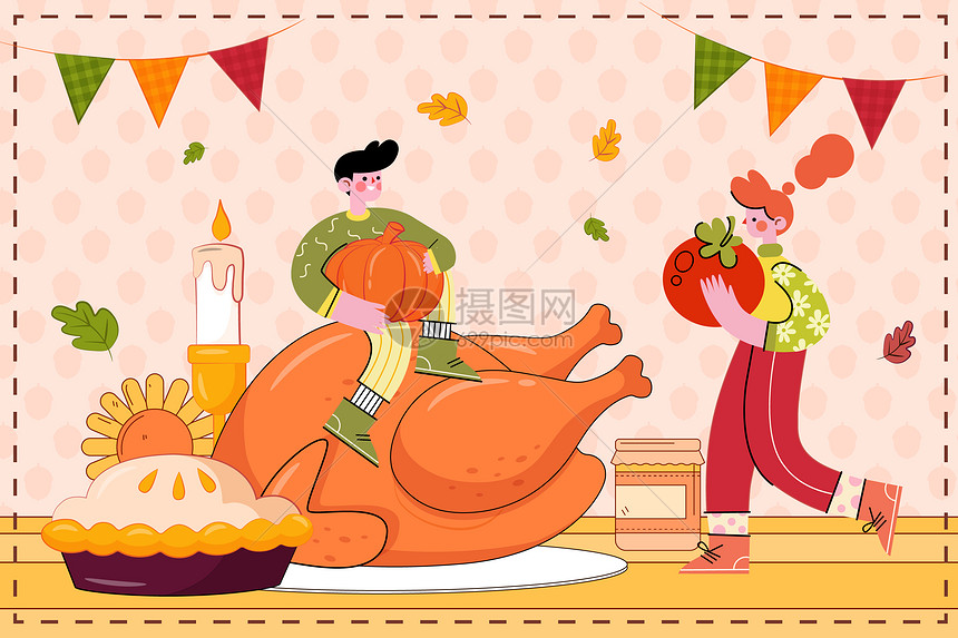 暖色感恩节火鸡晚餐扁平矢量插画图片