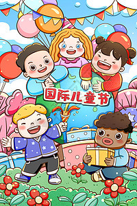 国际儿童节卡通线性插画图片