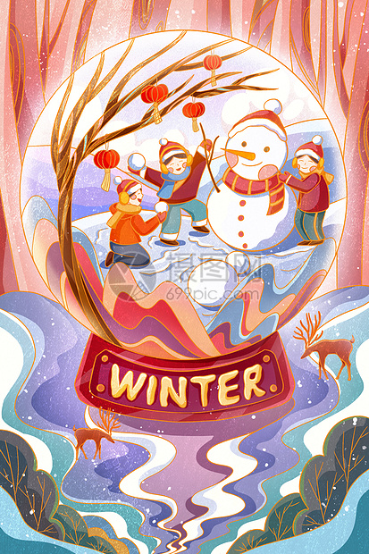 国风线描森林水晶球堆雪人小雪大雪节气插画图片