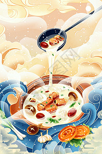 椰子鸡煲冬季养生汤中国风插画插画