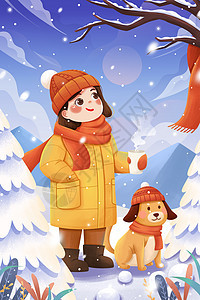 二十四节气小雪雪地女孩与狗冬季插画图片