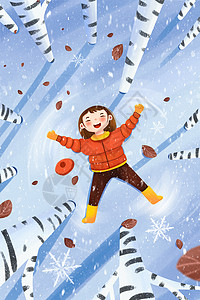地产红色冬季雪地森林躺在雪地上玩耍插画
