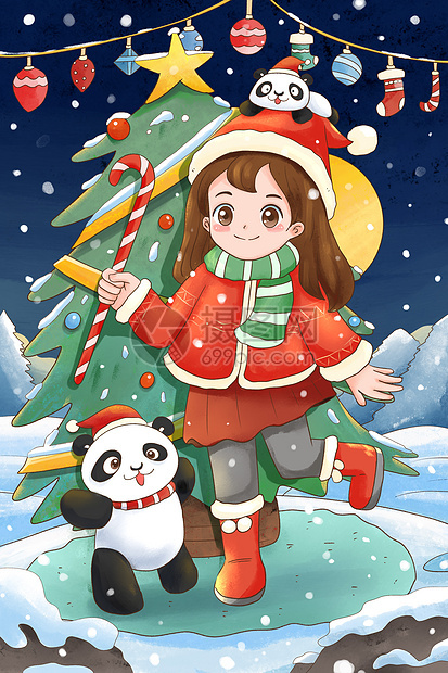 手绘水彩圣诞女孩和熊猫插画图片