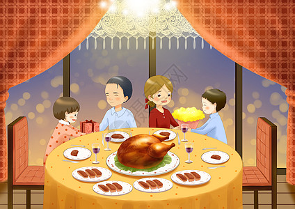 感恩节一家人聚餐送礼高清图片