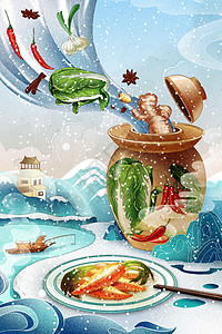 冬日腌菜大丰收中国风插画图片