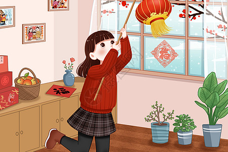 挂挂奖过年挂灯笼的女孩插画