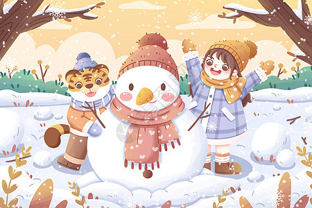二十四节气大雪女孩和老虎堆雪人插画图片