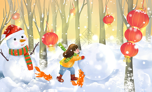 下雪天儿童与动物滚雪球画面图片