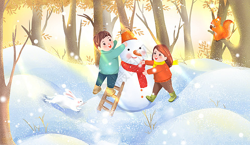 冬日在树林里堆雪人的儿童插画
