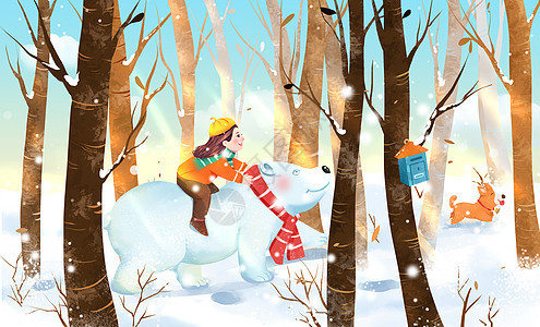 冬天女孩骑着北极熊在树林里奔跑图片