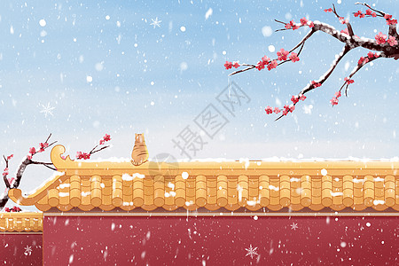 梅花雪唯美冬天下雪红梅墙壁背景节气插画插画