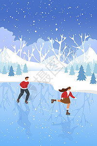 蓝色唯美小雪滑冰的情侣插画图片