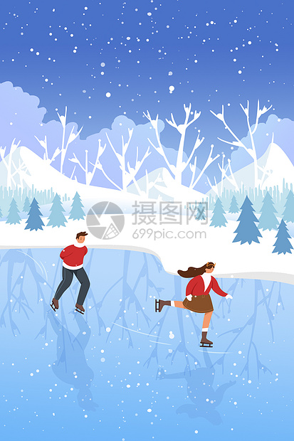 蓝色唯美小雪滑冰的情侣插画图片