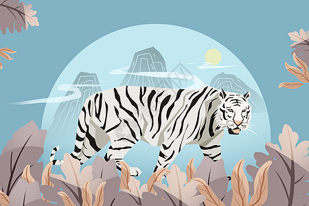 虎年扁平风格丛林白虎插画图片