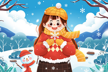 清新二十四节气小雪女孩与雪人冬季雪地插画图片