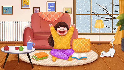 过冬冬天在暖气屋子看书伸懒腰的女孩插画